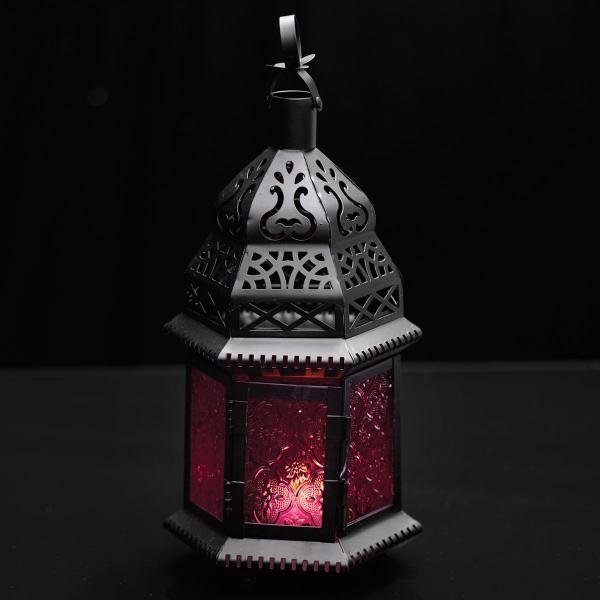 Moroccan Hanging Metal Lantern - Red Embossed Glass