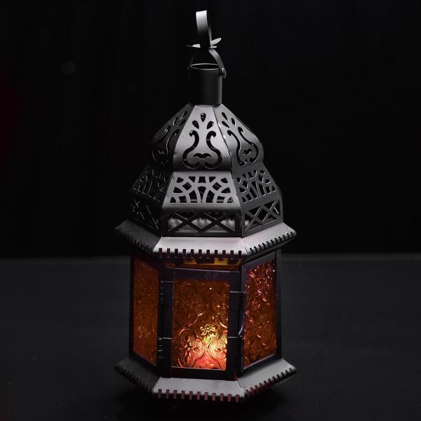 Moroccan Hanging Metal Lantern - Orange Embossed Glass