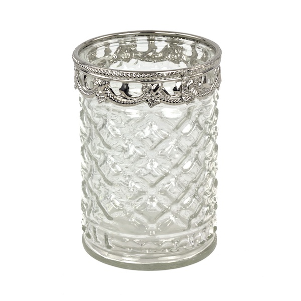 DecoStar: 6 PACK - Diamond Etched Glass Candle Holder W/ Silver Trim - Small