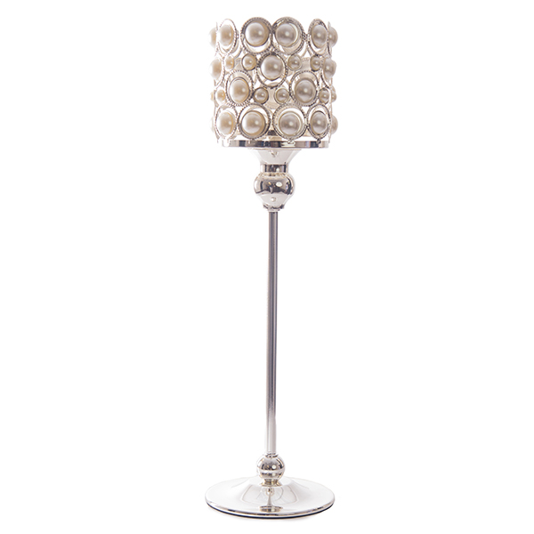 DecoStar: Pearl and Chrome Candle Holder on Pedestal - 16&#039;&#039;