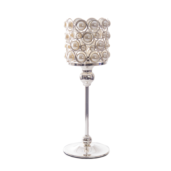 DecoStar: Pearl and Chrome Candle Holder on Pedestal - 12&#039;&#039;