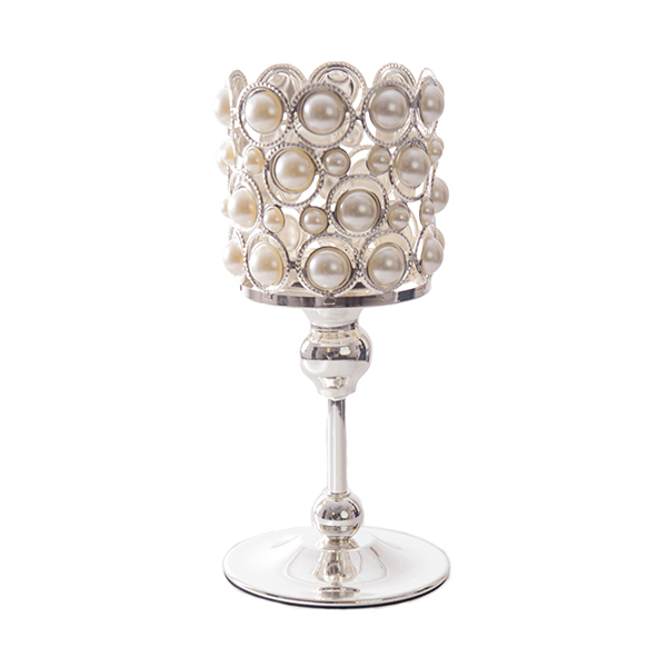 DecoStar: Pearl and Chrome Candle Holder on Pedestal - 10&#039;&#039;
