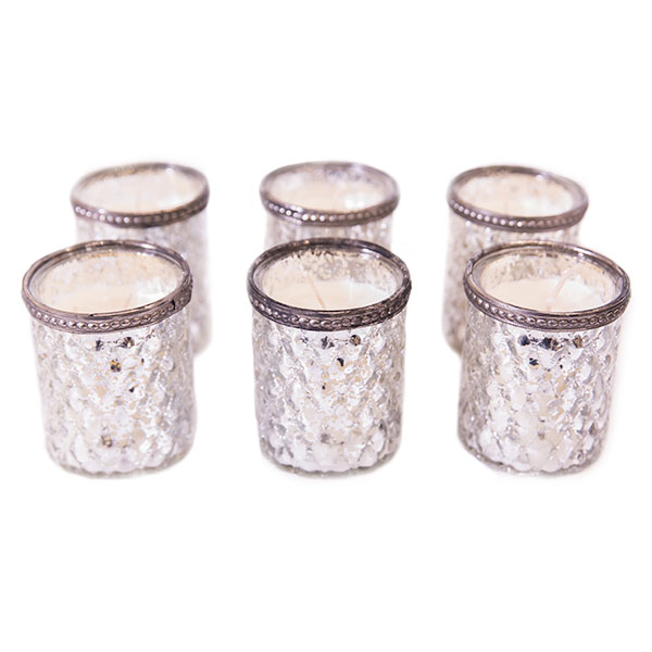 DecoStar: 3&#039;&#039; Pre Filled Candle Diamond Etched Mercury Glass Candle w/ Metal Rim - Silver - 6 PACK